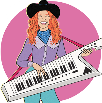 Lozz Benson with Keytar in Pink Circle