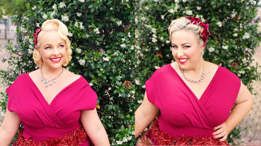 Scarlett Songbirds in Fuscia frocks, smiling at camera